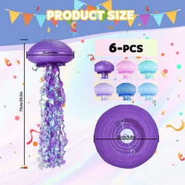 6 Pack 9.8" Jellyfish Paper Lanterns, 6 Colors Mermaid Jellyfish Lanterns, Hanging Jelly Fish lanterns Under Sea Party Decorations for Ocean Themed Birthday Supplies Classroom Ceiling Decor (6 Colors)