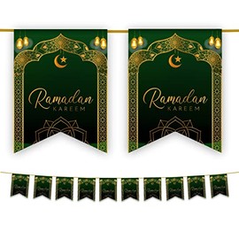 Ramadan Mubarak Kareem Bunting Party Flags - Ramadhan Decorations Banner Partyware Black Green Blue Floral White Gold 10 Flags (Green & Gold)