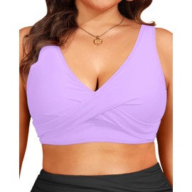 Parte superior de bikini de talla grande para mujer, parte superior de traje de baño con parte delantera torcida, cobertura completa, brasier de natación 2025 para busto grande, Lavanda, 16 Plus