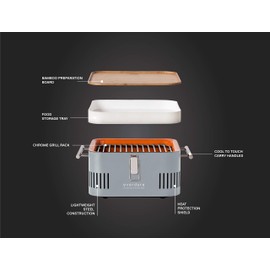 Everdure CUBE Portable Charcoal Grill, Tabletop BBQ, Perfect Tailgate, Beach, Patio, or Camping Grill, Lightweight & Compact Small Grill with Preparation Board & Food Storage Tray, Stone