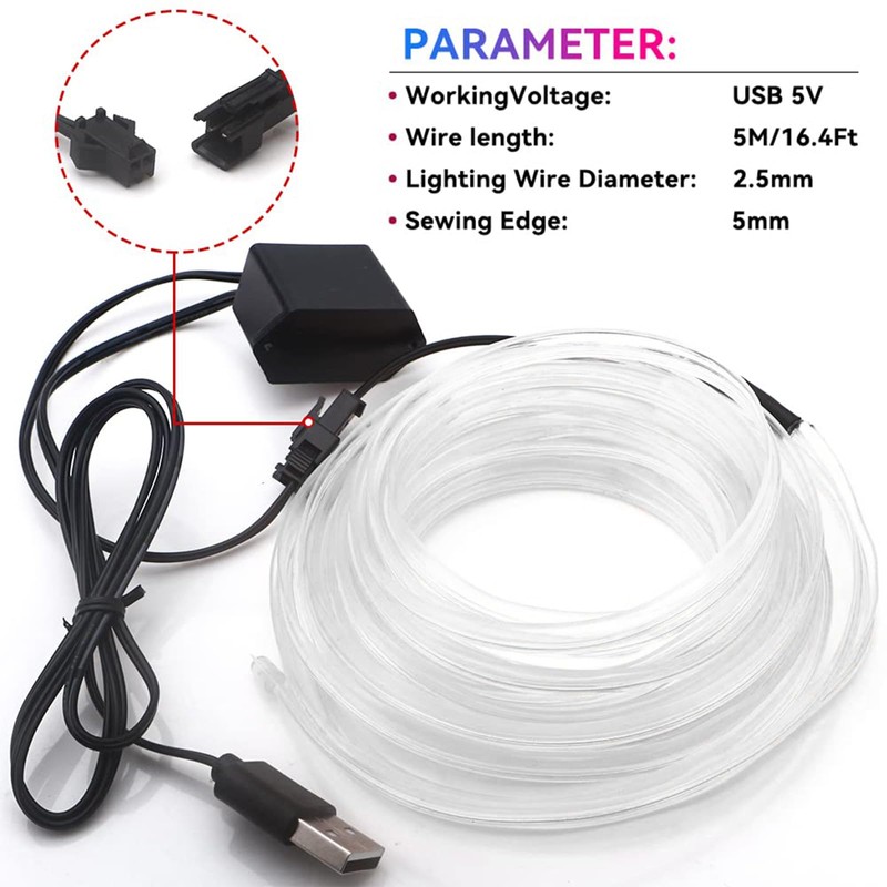 5M EL Wire Car LED Interior Strip Light USB Neon,