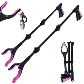 38" & 44" Extra Long Grabber Reacher Tool – 2 Pack Foldable Reacher Grabber Pickup Tools with 360° Rotating Jaw for Seniors, Hard-to-Reach Areas, Ergonomic Grip & Lightweight Design（Pink）
