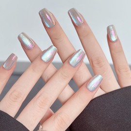 Chrome Press on Nails Short Square Fake Nails Glossy Aurora False Nails with Design Full Cover Artificial Acrylic Nails Glitter Glue Stick on Nails for Women Girls Manicure 15 Size-30 Pcs