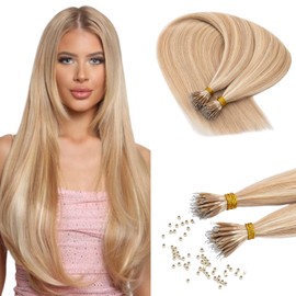 Benehair Nano Beads Hair Extensions #18/613 Ash Blonde Mix Bleach Blonde Invisible Remy Straight Real Human 22 Inches (35g) Nano Loop Hair Extensions 50 Strands