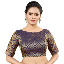 Madhu Fashion - Blusa de sari con costuras confeccionadas con brocado banarsi para mujer, Azul marino, 44
