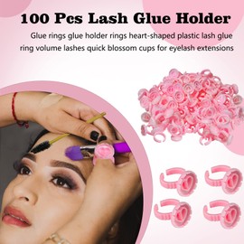 Glue Rings for Eyelash Extensions, 100Pcs Flower Shaped Plastic Lash Glue Rings with 2Pcs Spoolies for Lash Extensions, Pigment Rings, Makeup Glue Holder Rings, Lash Blossom Cup for Eyelashes Supplies
