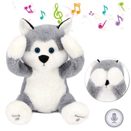 Hopearl Peek A Boo Husky Interactive Repeats What You Say Juguete de peluche para perro, canto musical y hablante, adorable festival de cumpleaños eléctrico, gris, 11.5 pulgadas