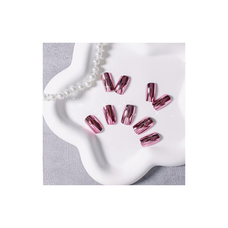 SXVME Uñas postizas de metal rosa claro con efecto espejo,