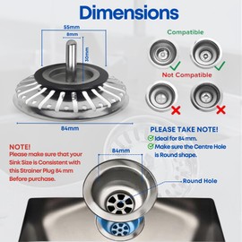 FIXCITI 84mm Sink Plug strainer - SS 304 Sink Plug Replacement with 2 Silicon Rubber Seals, Kitchen Sink Plug (Pack of 1) - Dual Functional Kitchen Sink Strainer plug for Food Waste/Hair Catcher
