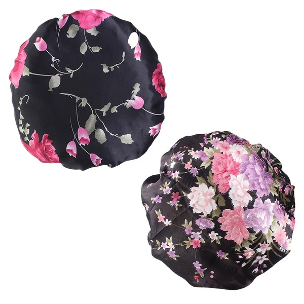 SGERUFZ Seidensatin Haarhaube, 2-stückige Schlafhaube (schwarz + rosa), Seidenschlafmütze, breiter