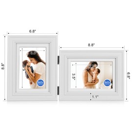 Tamolus 5X7 Double Wooden Hinged Picture Frame Vertical and Horizontal in White, Display 4x6 with Mat or 5x7 without Mat, Folding Photo Frame with Real Glass Front for Tabletop X3-BAI-SH57