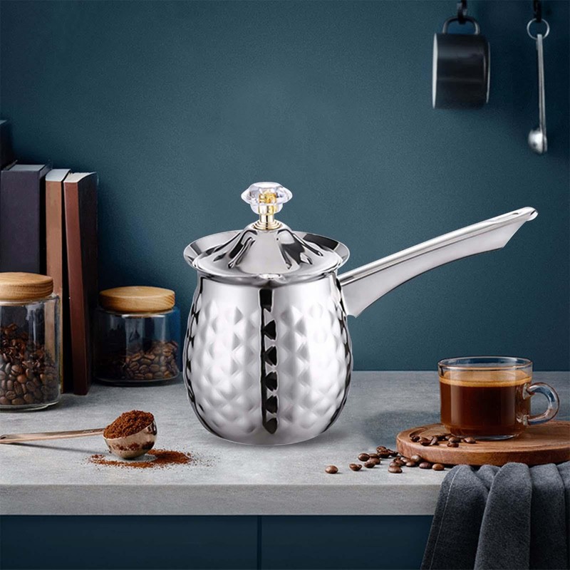 Traditional Greek Coffee Pot with Long Handle for Cafe, Silver,
