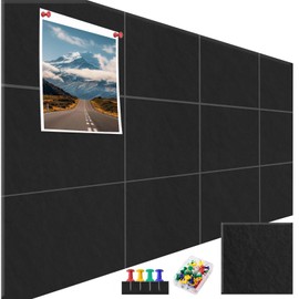 Large Cork Board Alternative 48" X 36",12 Pack Felt Wall Tiles Bulletin Board, Black 0.35" Thick Felt Pin Board, Tack Board, Cork Boards for Walls Office Home School