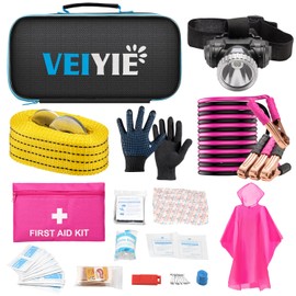 Car Roadside Emergency Kit with Jumper Cables, Car First Aid Kit Emergency Kit for Vehicles, Car Safety Roadside Assistance Kit Headlamp, Tow Straps, Gloves, Essential Car Accessories for Men, Women