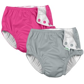 i Play (2 Pack) Unisex Reusable Absorbent Baby Swim Diapers - Swimming Suit Bottom | No Other Diaper Necessary Gray and Hot Pink 6 Months