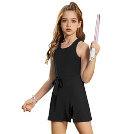 Girls Sleeveless Tennis Dress Tank Top Skorts Skirts High Waist Side Slit Outfit Athletic Sets with Shorts Pockets, 12-13Y Black