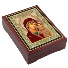 Needzo Rosary Box Madonna Icon Box Our Lady of Kazan Box for Prayer Beads Jewelry, Wooden Keepsake Holder 5 Inch, Religious Gift