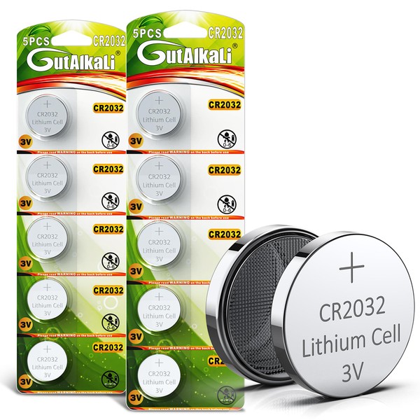 GutAlkaLi 10 Pack CR2032 Batteries - CR2032 3V Battery - CR 2032, 3 Volt Coin Battery