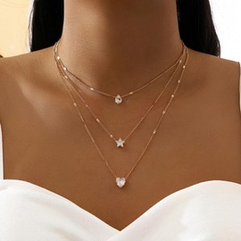 Aneneiceera Boho Layered Shining Rhinestone Star Necklace Water Droplets Crystal Love Pendant Choker Necklace Gold Chain Multi-Layered Necklace Jewelry for Women Girls