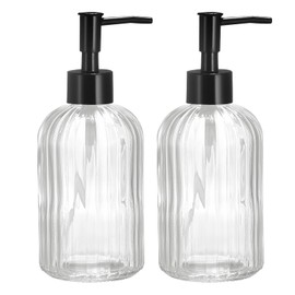 uxcell Soap Dispensers Set - 2 Pack 13.5Oz Glass Dish Hand Soap Dispenser with Black Pump for Kitchen Bathroom, Clear