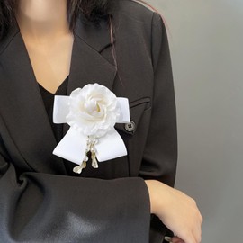 White Camellia Flower Brooch Pins Pearl Brooch for Women,Floral Brooch Shawl Clips Pins for Clothes,Flower Hair Clips,Crystal Silk Flower Bow Tie Brooch (White)