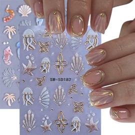 2 Sheets Summer Nail Art Stickers Decals 5D Embossed Ocean Theme Nail Stickers Shells Jellyfish Starfish Design Summer Nails Adhesive Decals Manicure Supply for Women DIY Nail Decorations