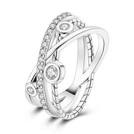 LAZA 925 Sterling Silver Ring Twisting for Women, Sterling Silver with Clear Cubic Zirconia Wear Multiple Layers Ring Cute Round Size 8