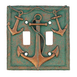 Top Brass Nautical Multiple Anchor & Rope Electrical Cover Wall Plate Bronze/Verdigris Finish - Single Switch, Double, Rocker, Outlet (Double Switch)