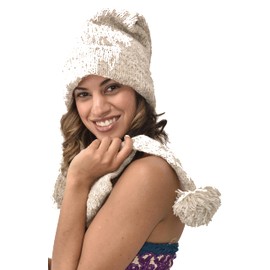 Hand Made 100% Merino Wool Long Tail Hat Scarf Combo Ski Cap Snowboard Hand Knitted Scarves Wool Fleece Lined Stocking Cap Scarf in One Beige