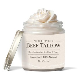 Grass Fed Beef Tallow & Honey Unscented Whipped Cream Face Body 4oz | Grass-fed whipped tallow & honey cream with vitamin E. Unscented daily moisture balm for face, hands & body. Fast-absorbing