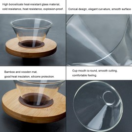 Hosoncovy Transparent Glass Coffee Dripper Coffee Filter Holder Coffee Filter Cone with Wooden Cushion Coffee Funnel