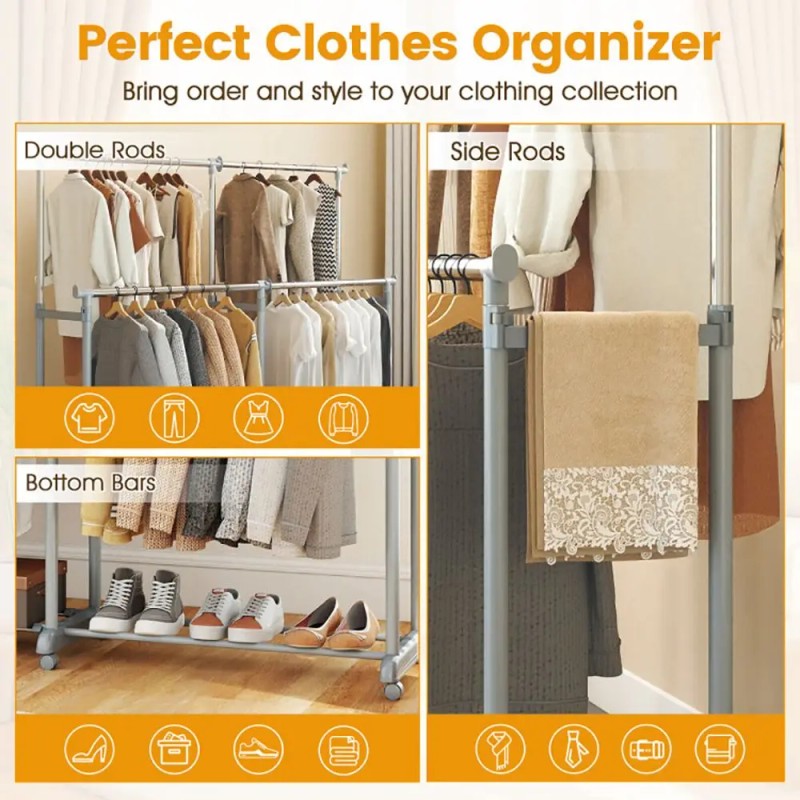 Heavy Duty Metal Double Rod Clothes Rack Garment Rack High