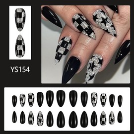 Press on Nails Medium Almond Shape-Glossy Full Cover Acrylic Pointed Almond Black False Nails with Star Designs Artificial Almond Fake Nails with Charms Glue ons Fingernails for Women Girls