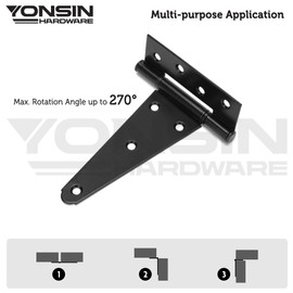 YONSIN 6" T-Strap Shed Door Hinges 6Pcs - Heavy Duty Black Tee Hinge for Wooden Fence Gate, Outdoor Barn Door Hardware, Wrought Iron, Thickness 2mm