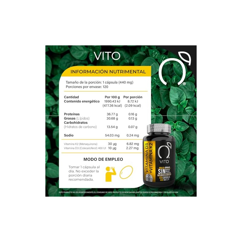 VITO - Vitamina D3-400 UI con K2 y Aceite de