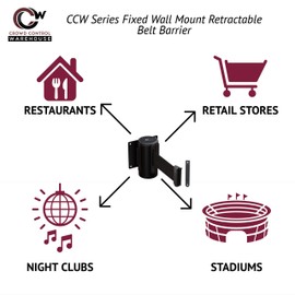 Multitudes Warehouse – CCW Series WMB-125 - Barrera retráctil de montaje en pared fija – 11 pies, cinturón negro con caja de acero negro