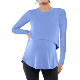 Women's Maternity Nursing Tops Casual Long Sleeve Double Layer Breastfeeding Shirts Pregnancy Clothes Light Blue