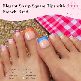 QIEK Qiek 15 Sizes 300 PCS Press on Toenails for Women, 10 Rainbow Colors Fake Toe Nail Sharp Square, Brighter Pastel French False Nails Tip Pre-applied Primer& Base Coat, Need Builder Nail Gel& Top Coat