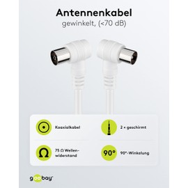 Goobay 11521 Angled Antenna Cable, Satellite Connection Cable, Satellite Cable, Coaxial Cable, Coaxial Male 90° to Coaxial Socket, 2-Way Shielded, 75 Ohm, 70 dB, White, 2.5 m