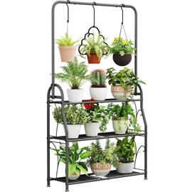 SORCEDAS Plant Stand Indoor Outdoor 3 Tier Tall Corner Hanging Plant Shelf Metal Flower Stands Ladder Plant Holder for Living Room Balcony Garden Patio Multiple Plants, Dark Grey