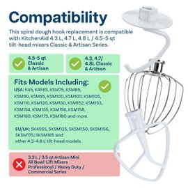 3 Piece Kit Attachments for KitchenAid 4.5-5 Quart Tilt-Head Stand Mixers Artisan Series & Classic Series by MMOBIEL - Aluminum K45 6-Wire Whip, Flat Beater and Dough Hook - Hand Wash Only