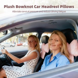 Toyosport 2 Pcs Plush Bowknot Car Headrest Pillows, 8.3 x 10.6 in Car Neck Pillow for Comfortable Neck Support, Cozy Road Trip, Cute Girl Style Interior Decor in Pink