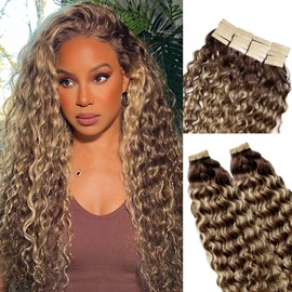 Balayage Tape in Hair Extensions Human Hair Water Wave Ombre #4 Brown to #27 Honey Blonde Mixed Medium Brown Seamless Skin Weft Double Sided Remy Tape in Extensions 20 Inch for Women 50Gram 20Pcs