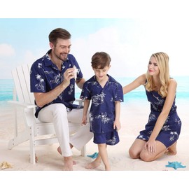 Couple Matching Hawaiian Luau Cruise Outfit Shirt Vintage Dress Classic Navy Men XL Women 2XL