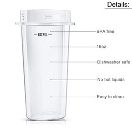 16oz Blender Cup for Ninja Replacement Parts Single Serve Cup with Lids Fit for Nutri Ninja Blender Series BL770 BL780 BL660 BL740 BL810