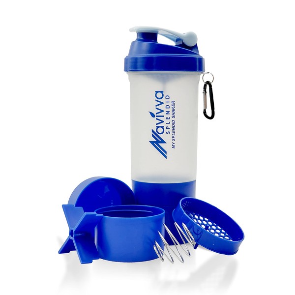 NAVIVVA SPLENDID Protein Shaker Bottle with Mixing Ball and Storage 600 ml - 100% Leak-Proof, BPA-Free, Transparent with Additional Compartments for Mixing on the Go (Blue)