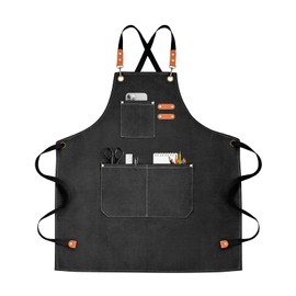 Ofrdncy Apron,Chef Apron,Adjustable Cooking Apron,3 Pockets Kitchen Apron,Canvas Gardening Apron,Woodworking Work Artist Gardener's Barber Canvas Apron for Men Women,Baking BBQ Apron(Black)