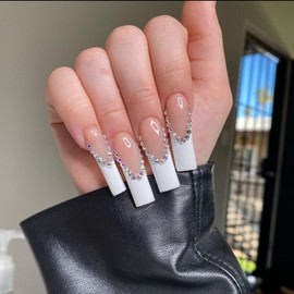 24Pcs Long Press on Nails Coffin French Tip Fake Nails with Rhinestone Bling Design Coffin Shaped Full Cover White Nails Tips Acrylic Nails Glossy Glue on Nails Artificial French False Nails for Women