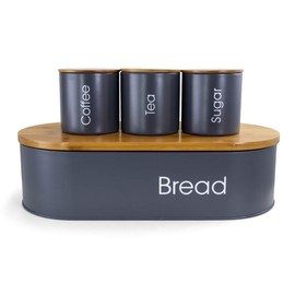 Megachef MG-317 Bamboo Kitchen Countertop Metal Bread Basket & Canister Set in Gray with Lid - 4 Piece