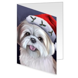 Christmas Santa Hat Wearing Lhasa Apso Dog Greeting Cards - Adorable Pets Invitation Cards with Envelopes - Pet Artwork Christmas Greeting Cards (50 Greeting Cards)
